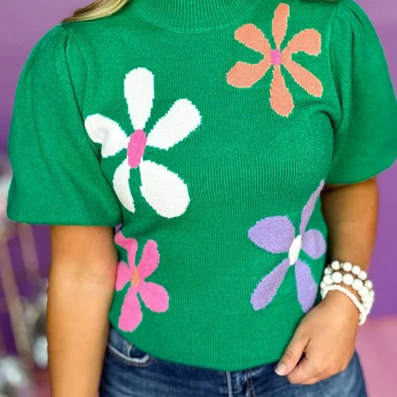 Bright Green Floral Bubble Short Sleeve Sweater - Picture 2 of 12